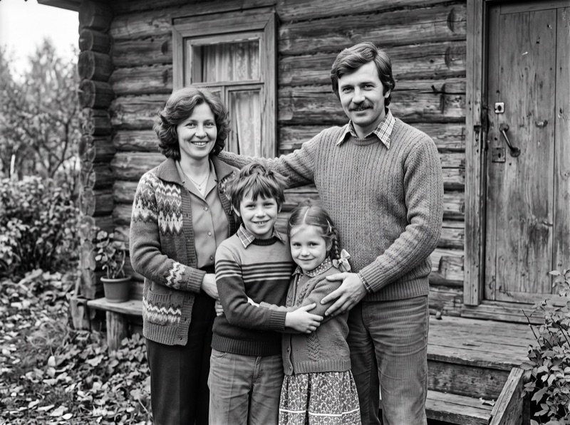 После улучшения: чёткое фото семьи у деревянного дома