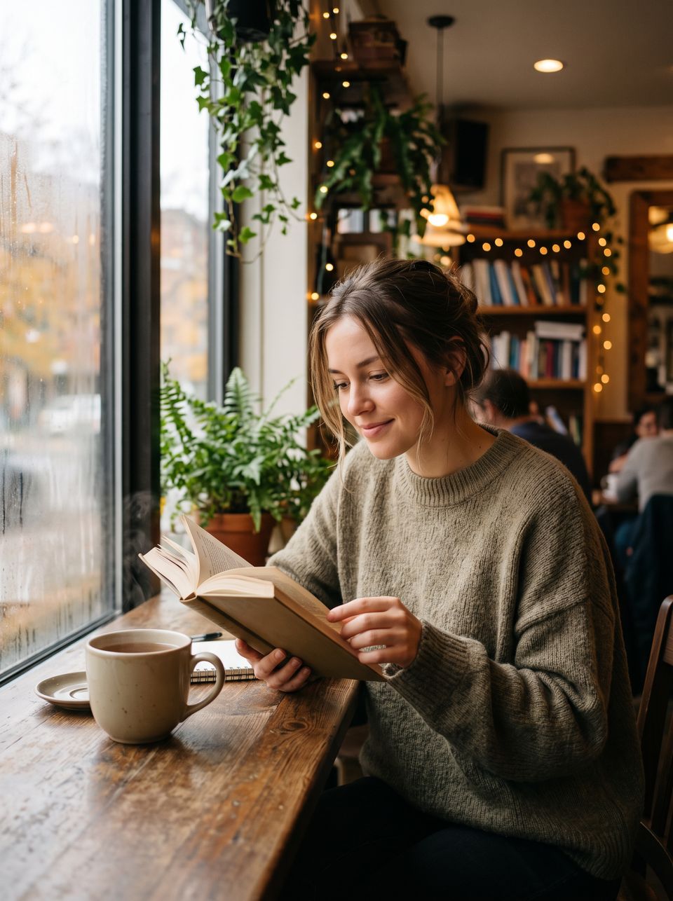 Девушка с книгой в кафе